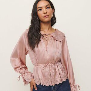Reformation x Kacey Musgraves Lillie Eyelet Silk Blouse in Blush Pink S